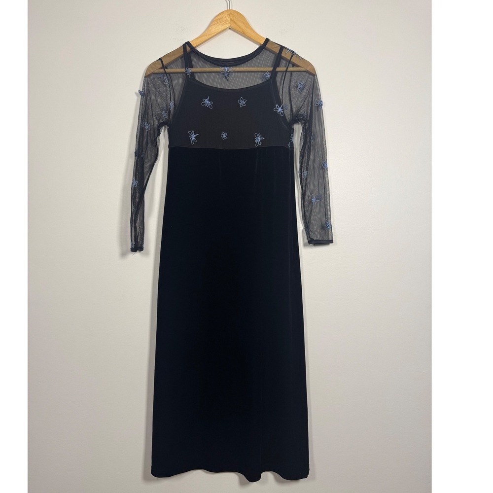 Dragonfly American Girl Kids Size 12 Maxi Dress Black Velvet Mesh‎ Blue Floral